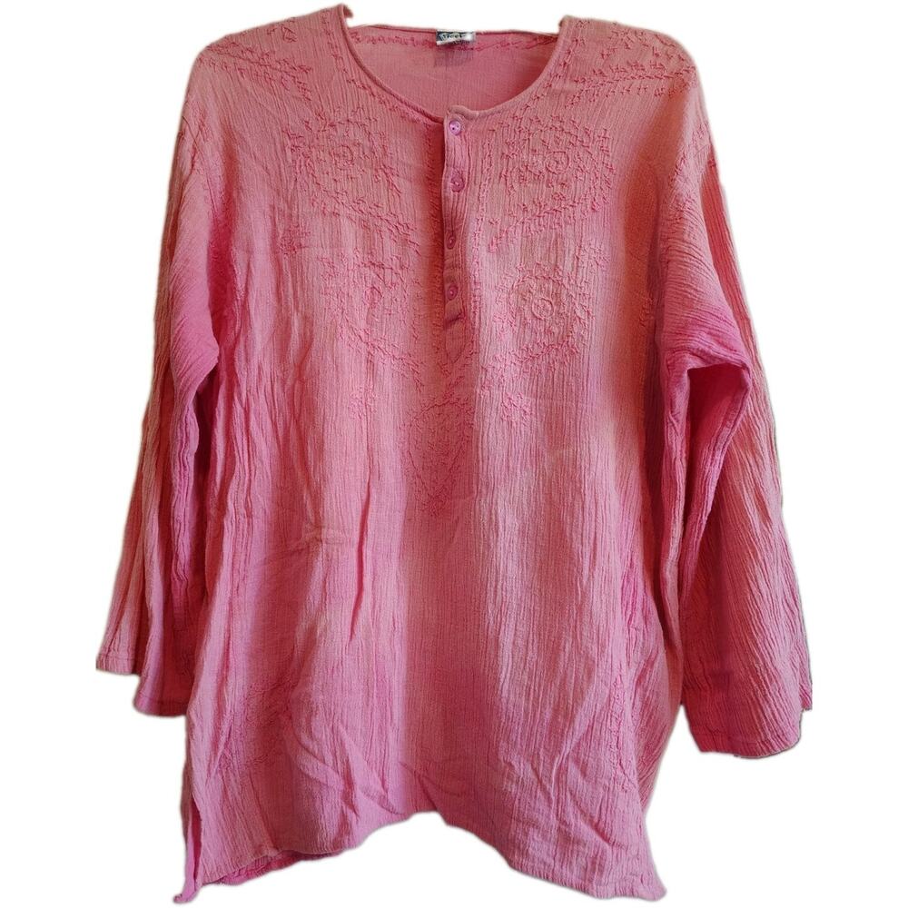 Vintage Geeta Indian Cotton Gauze Tunic Top Pink Embroidered Boho Hippie Free...